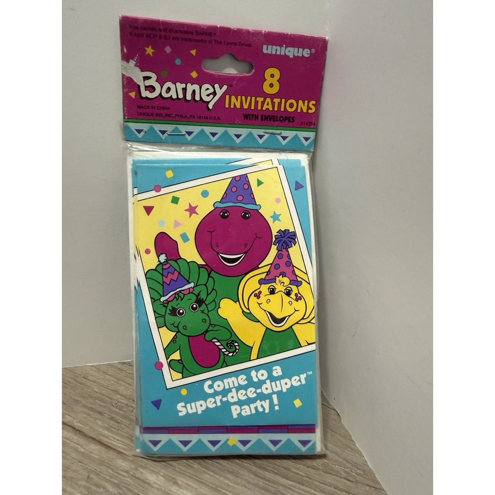 Vintage Barney & Baby Bop BJ 8 Birthday Party Invitations 1995 NEW NOS